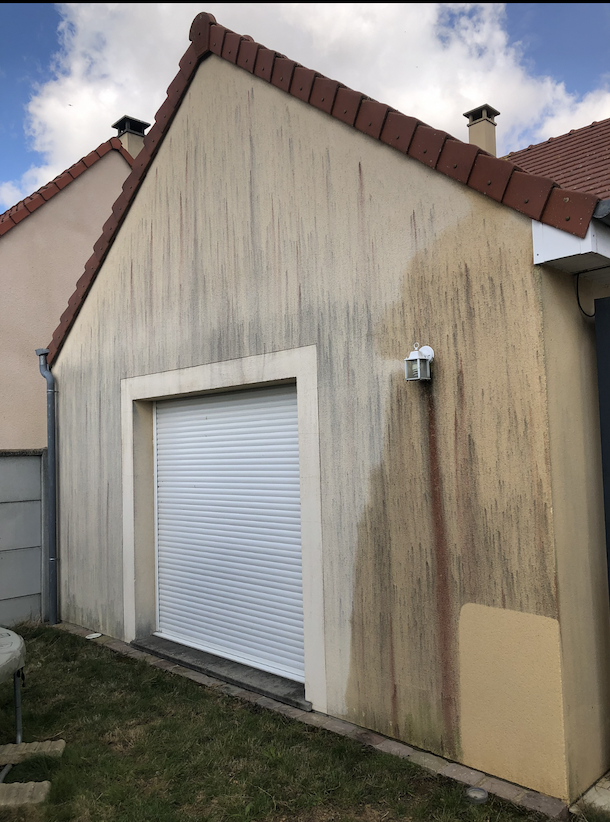 Pignon de maison couvert de coulures vertes et de traces de pollution